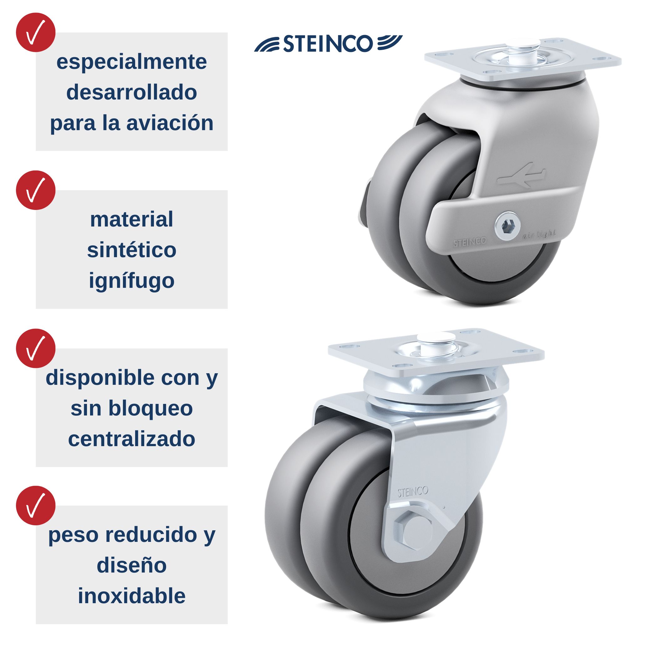 Ruedas para aviación - especialmente diseñadas para mobiliario aeronáutico como carros de servicio, carros de bar y carros - calidad superior.