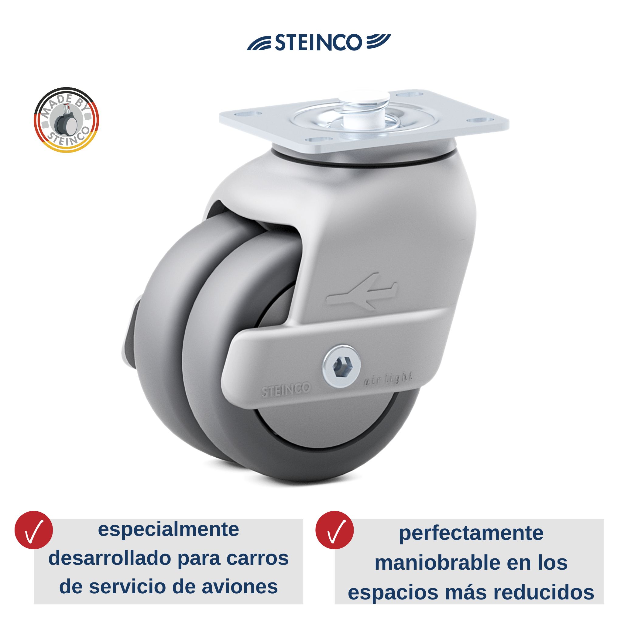 Ruedas de aviación con doble o simple rueda de plástico o chapa - ruedas con y sin bloqueo central para carros de aviación, carros de servicio y carros de líneas aéreas