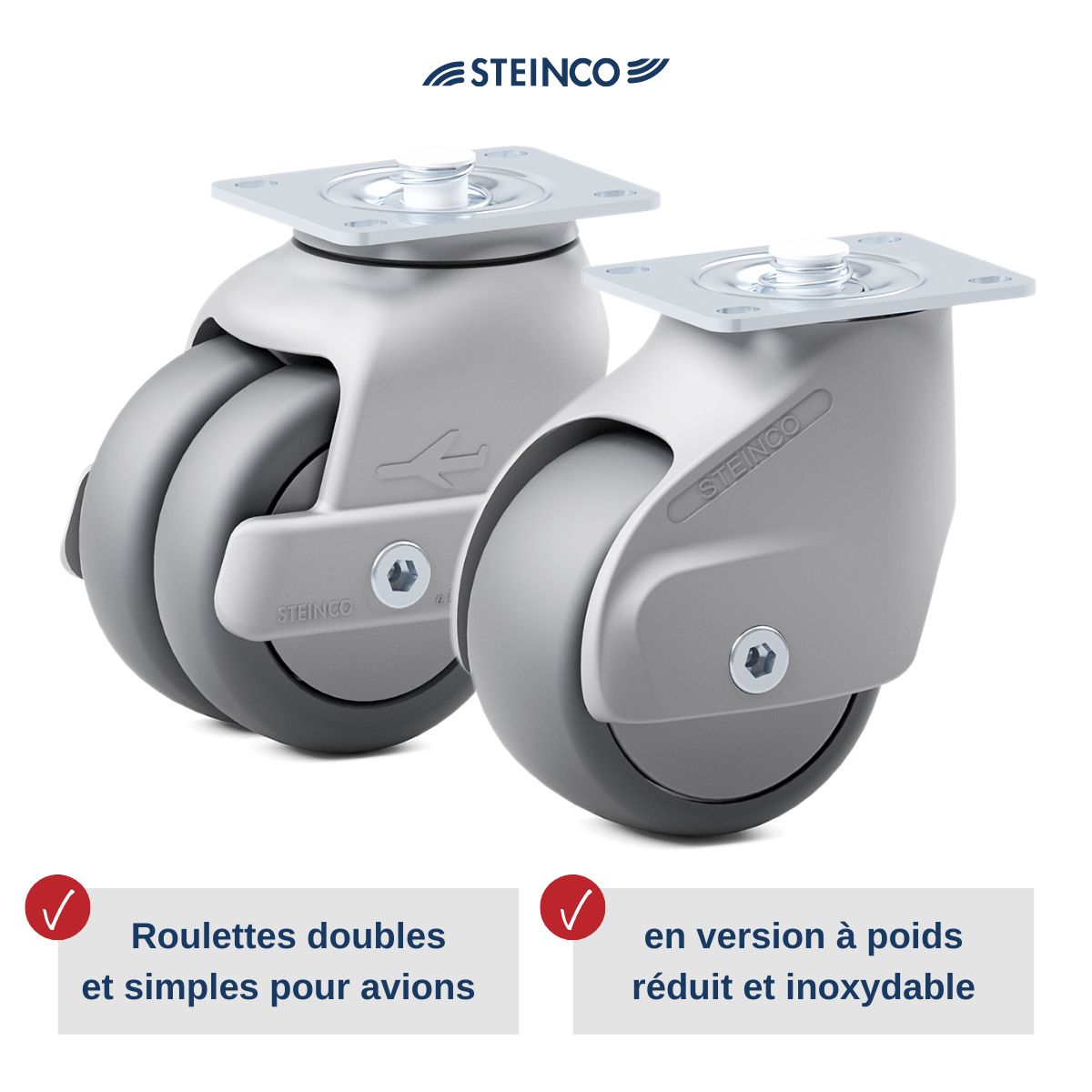 Roulettes et galets Steinco pour chariots de service et trolleys d’avion, manœuvrables dans un espace restreint, légers, sûrs et spécialement conçus pour les avions