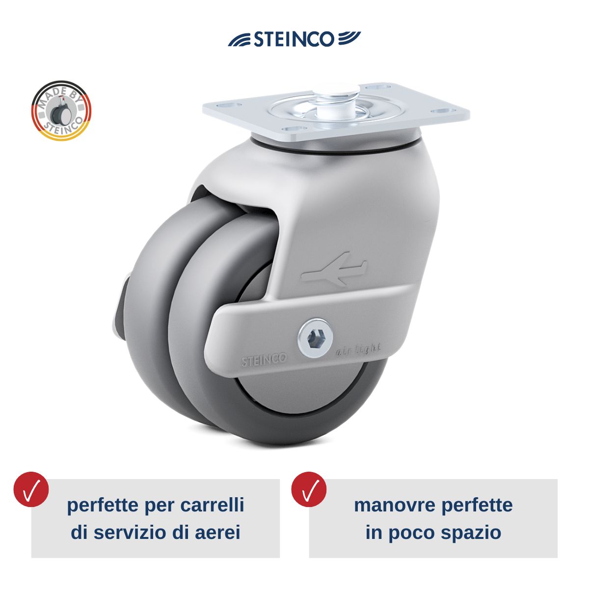 Ruote con supporto per l’aeronautica, doppie o gemellate, in materiale sintetico o lamiera - ruote e supporti con e senza bloccaggio centralizzato per carrelli bar, carrelli di servizio e trolley di aerei