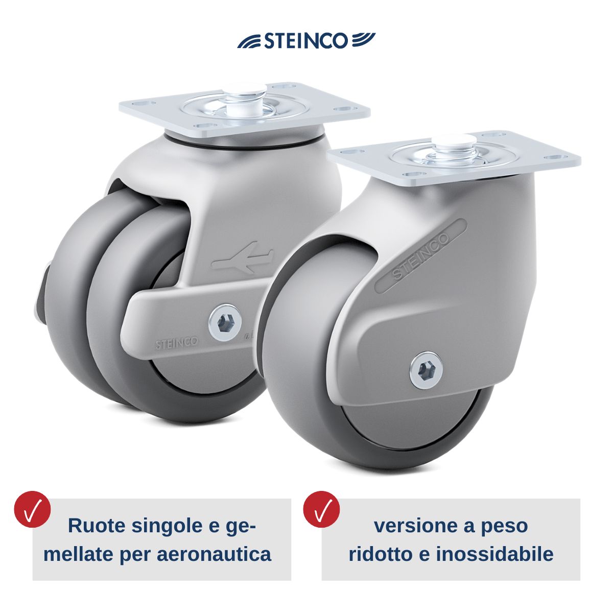 Le ruote e i supporti Steinco per carrelli di servizio e trolley di aerei, manovrabili in spazi ristretti, leggeri, sicuri e sviluppati appositamente per l’aeronautica