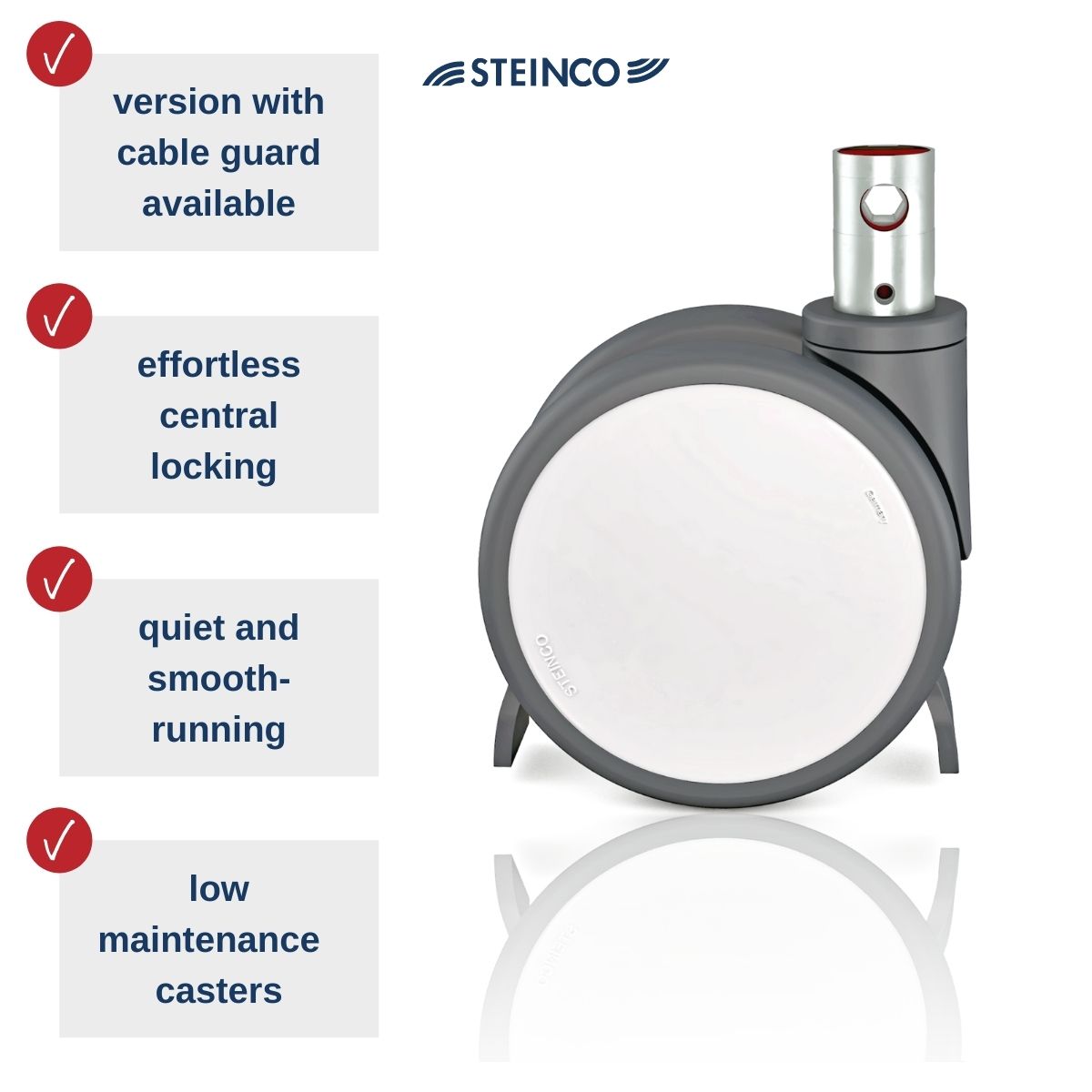 STEINCO medical casters and wheels with cable guard (deflector), quiet and smooth running, low maintenance castors