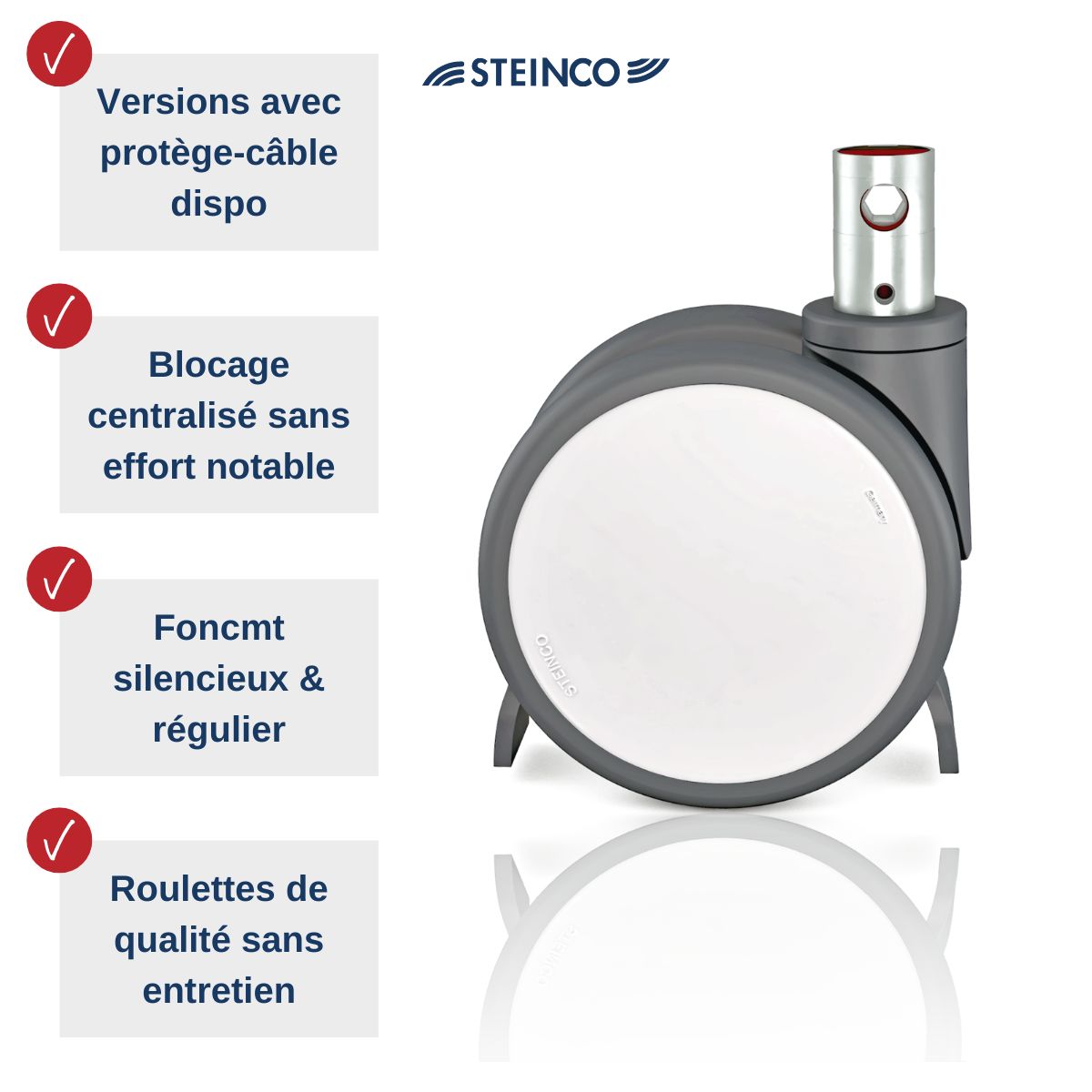 Roulettes et roues STEINCO pour équipements médicaux avec déflecteur de câble - roulettes médicales en plastique à roulement souple, roulettes jumelées, roulettes pivotantes à roulement silencieux