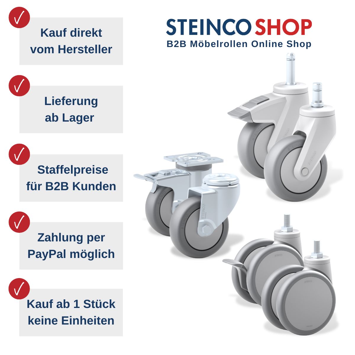 [Translate to Dänisch:] möbelrollen mit kunststoff- und Stahlblechgehäuse - rollen & Räder für Möbel mit und ohne Bremse - Einzel- und Doppel-Möbelrollen mit Gewindestift, Anschraub-Platte & Rückenloch - Deutscher Hersteller-- 