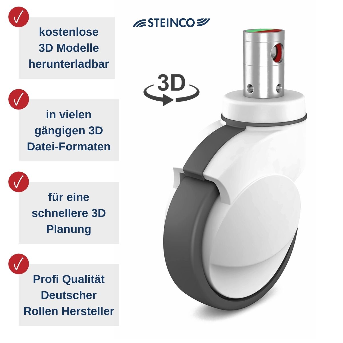 Rollen und Räder für Pflegebetten - kostenlose 3D Modelle von pflegebettenrollen und Seniorenbettenrollen für Planer, Produktentwickler, Konstrukteure in vielen 3D Formaten