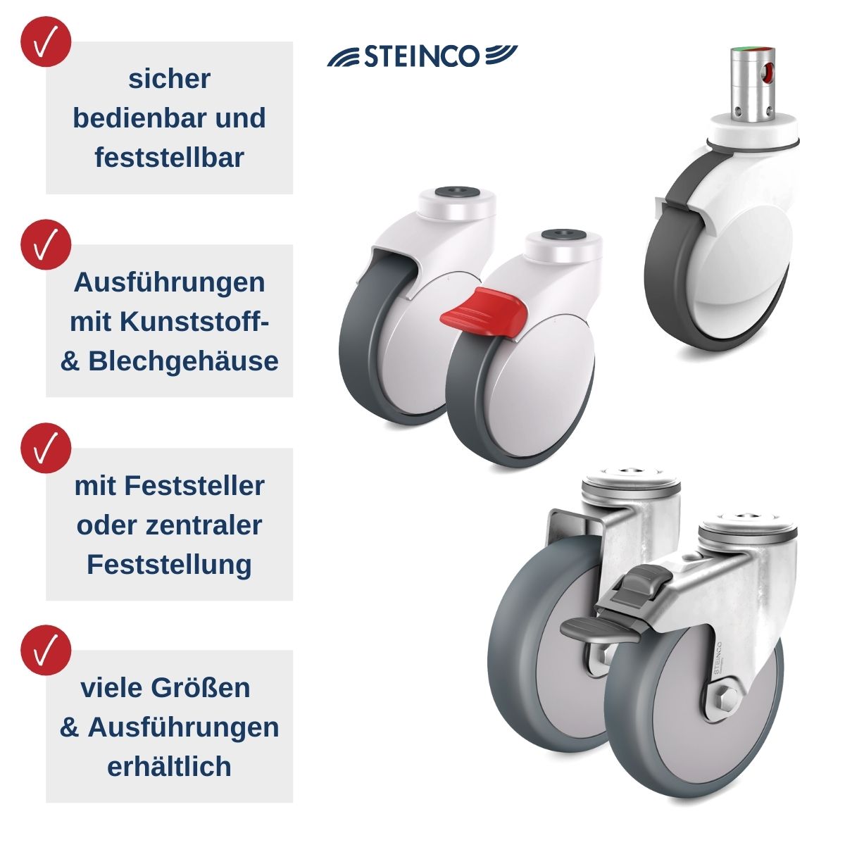 [Translate to Dänisch:] Rollen und Räder für Pflegebetten, Seniorenbetten & Reha-Betten mit Kuststoff- oder Blechgehäuse mit oder ohne Feststeller