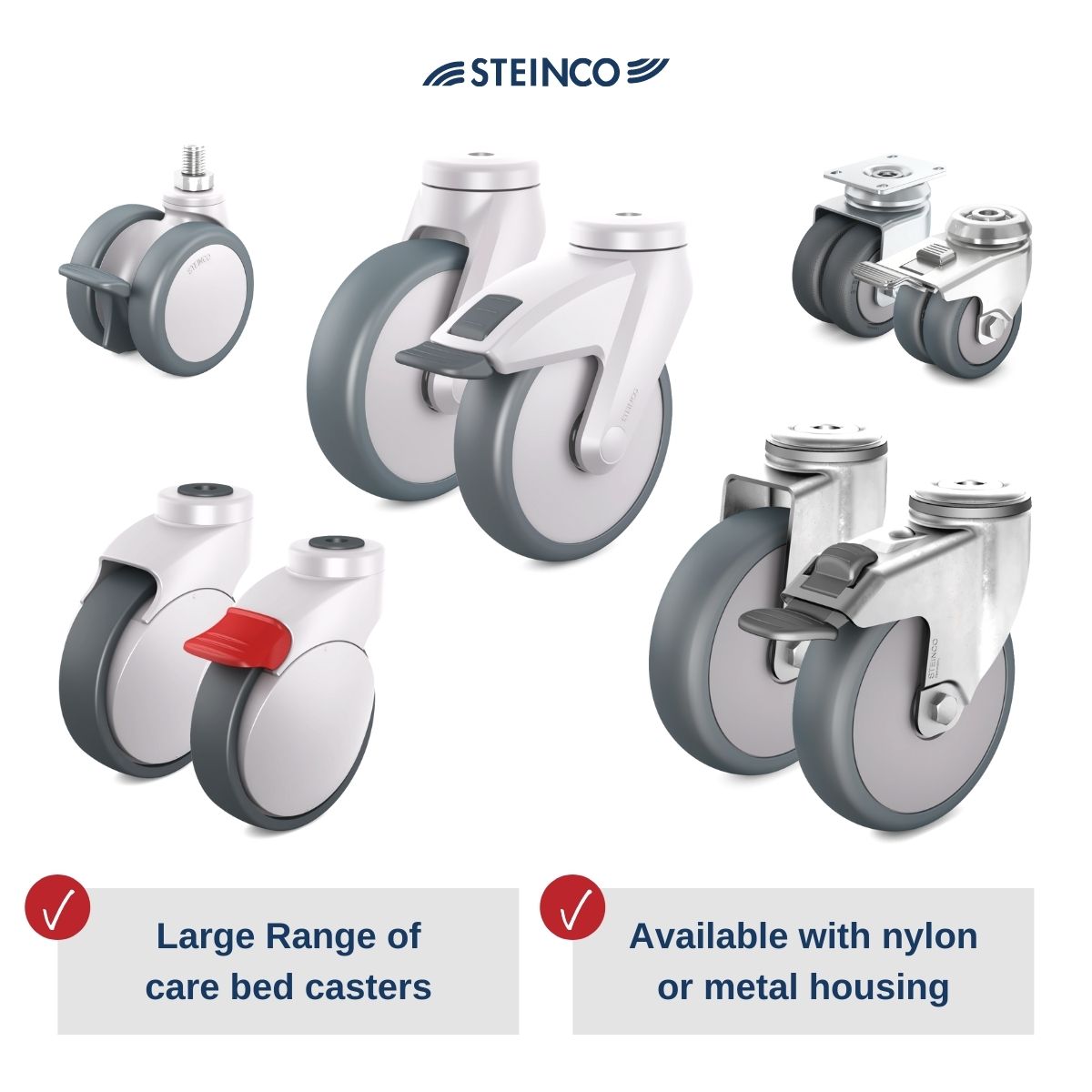 STEINCO casters and wheels for nursing home beds, care beds in hygenic design with brakes