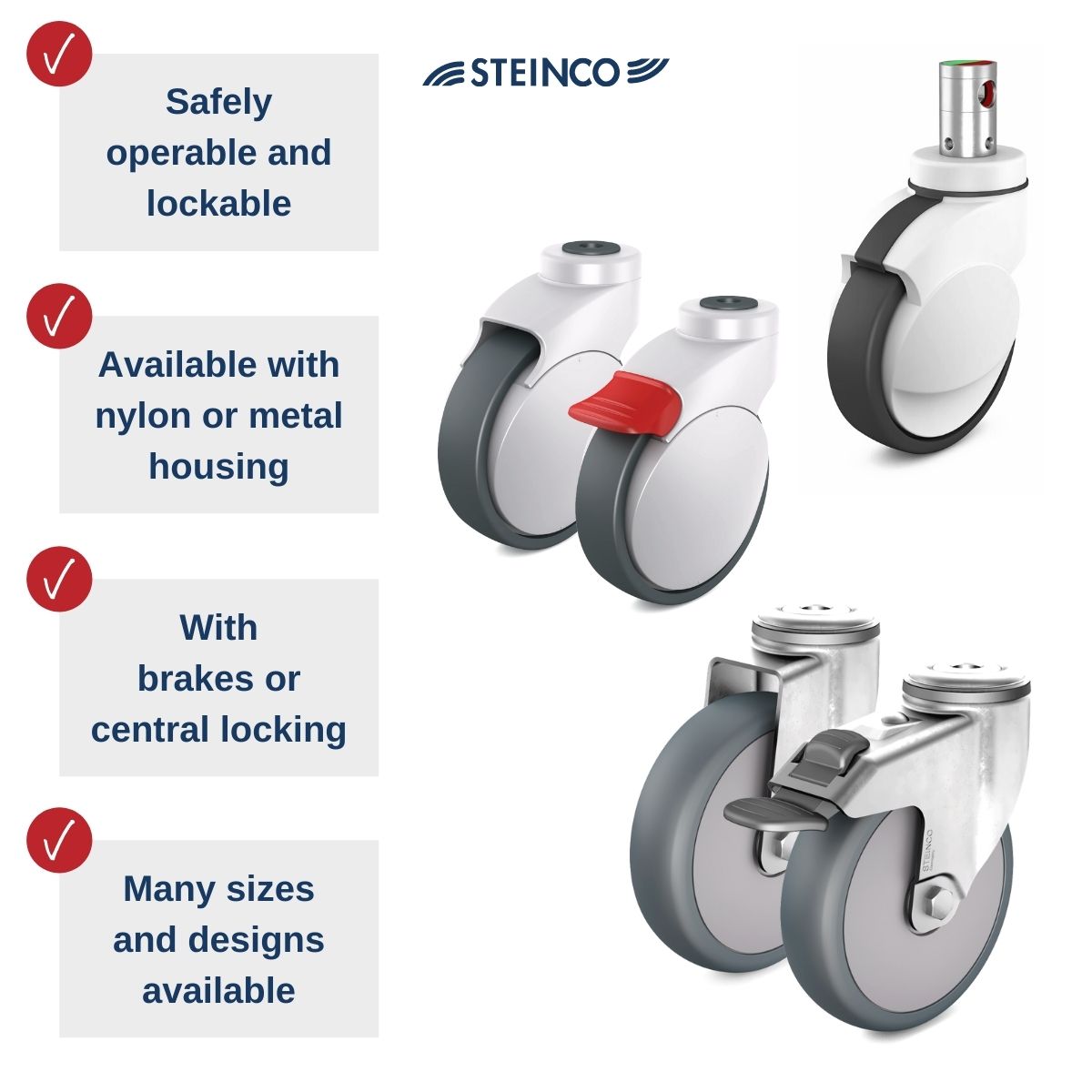 casters for care beds and nursing beds with hygienic nylon or metal housing 