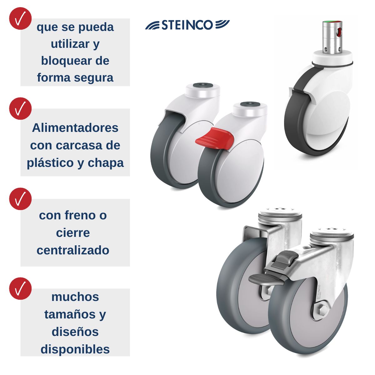 Ruedas para camas asistenciales, camas para ancianos y camas de rehabilitación con carcasa de plástico o de chapa, con o sin freno