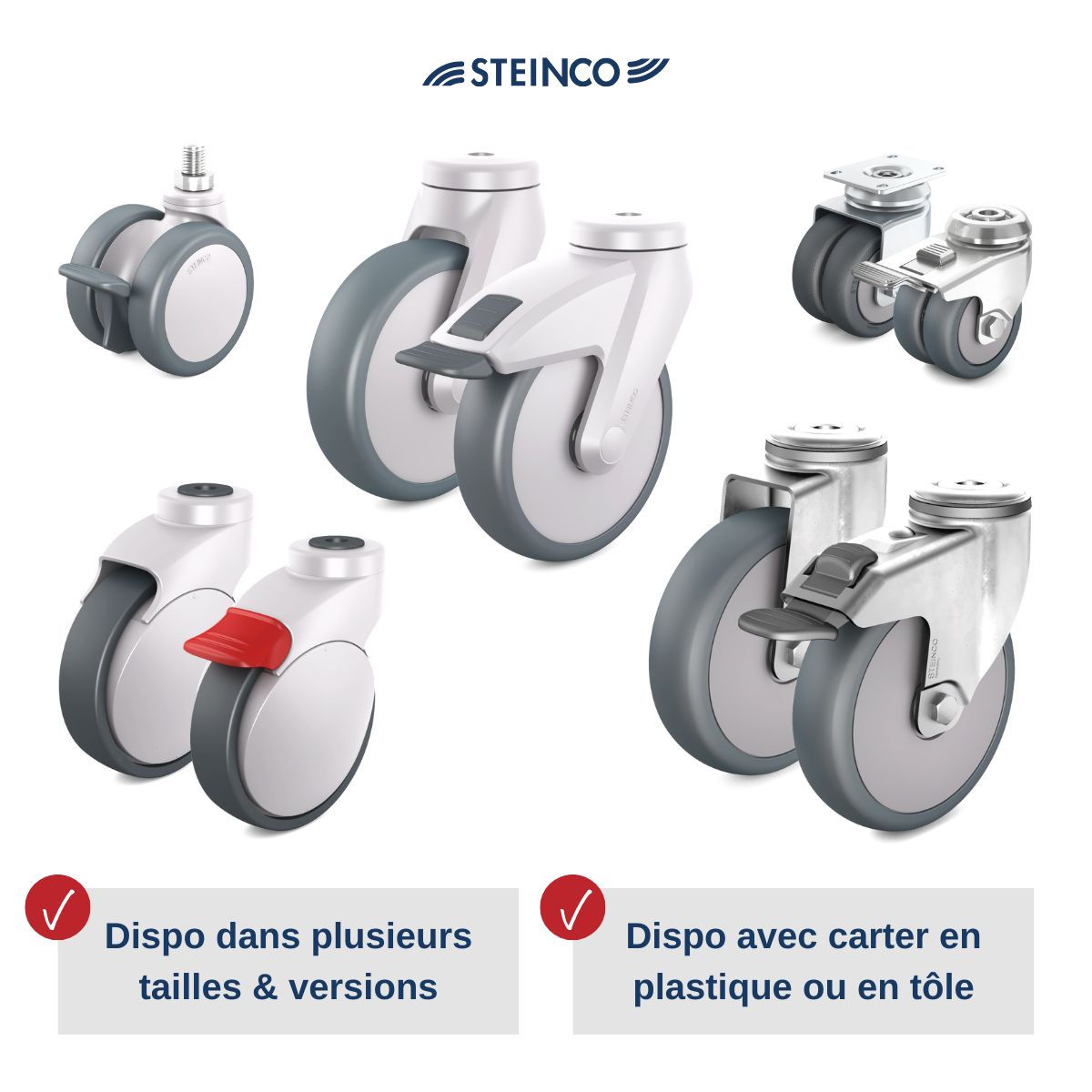 Roulettes pour lits médicalisés STEINCO, lits patients, lits pour personnes âgées et lits de rééducation - Roulettes et galets, roulettes pivotantes, roulettes en plastique, roulettes en tôle d’acier, roulettes à doubles galets pour lits dans le secteur des soins