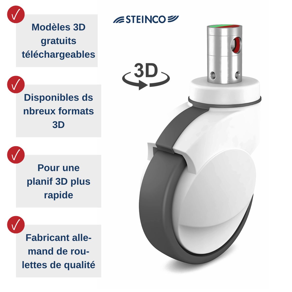 Roulettes et galets pour lits médicalisés - modèles 3D gratuits de roulettes pour lits médicalisés et de roulettes pour lits pour personnes âgées pour les planificateurs, développeurs de produits, constructeurs dans de nombreux formats 3D