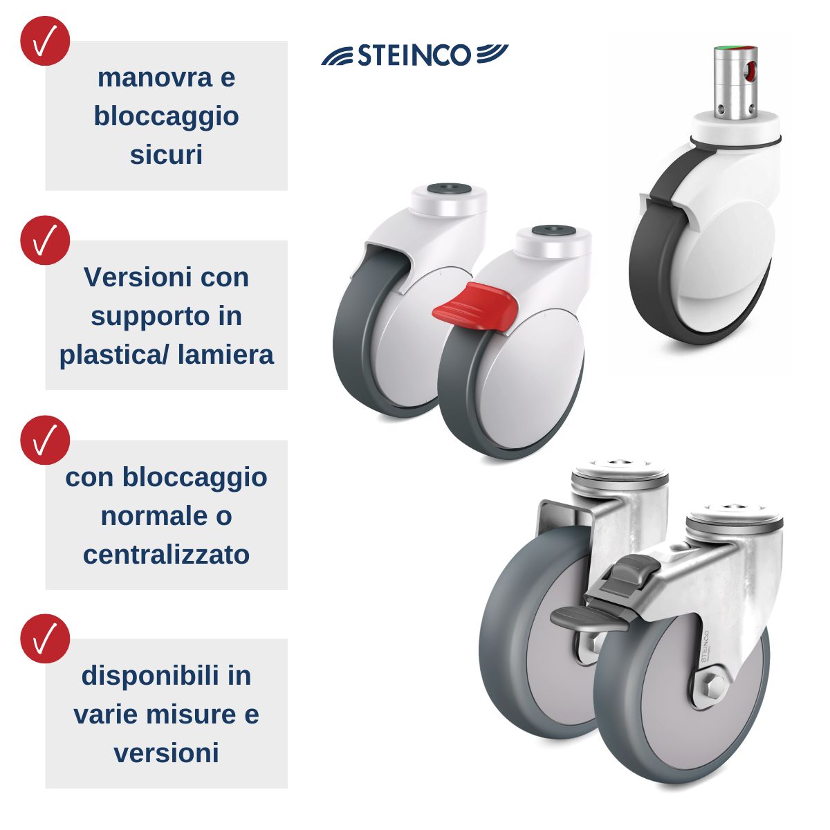 Ruote per letti di degenza, letti per anziani e letti di riabilitazione con supporto in plastica o lamiera, con o senza bloccaggio