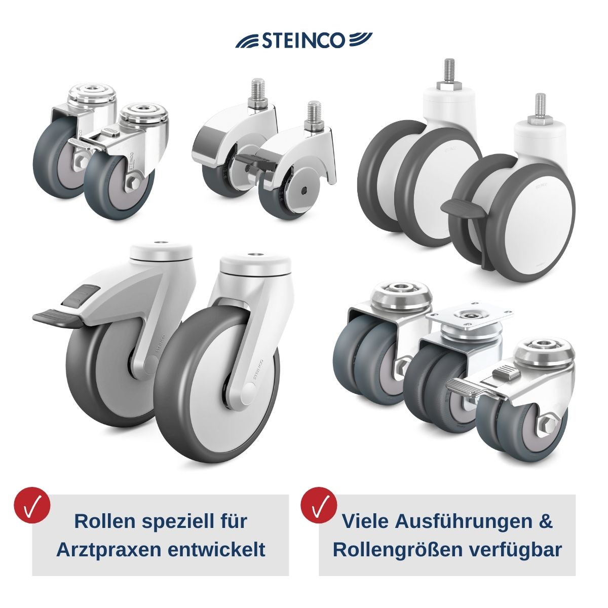 [Translate to Dänisch:] Rollen & Räder für Praxiseinrichtung - Praxiseinrichtung Rollen, Lenkrollen, Kunststoffrollen, Stahlblechrollen, Bremsrollen für die Arztpraxis