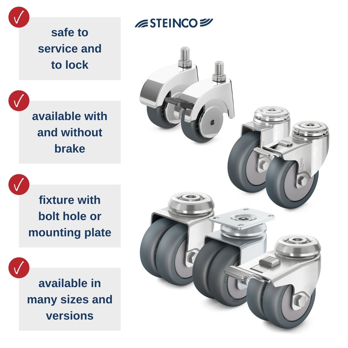 Casters for doctor’s offices, waiting rooms & treatment rooms – you can find here single wheel casters, swivel casters, nylon casters, device casters & furniture casters with brake or lock in Premium quality