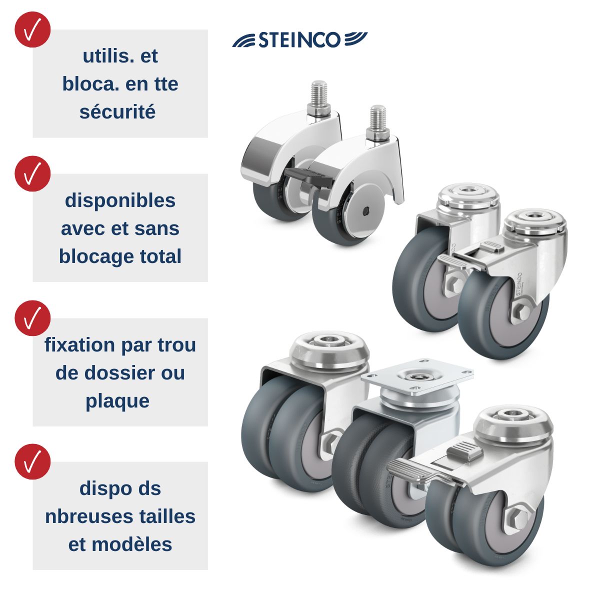 Roulettes pour cabinets médicaux, salles d’attente et salles de soins - vous trouverez ici des roulettes simples à galet, des roulettes pivotantes, des roulettes en plastique, des roulettes d’appareil et des roulettes de meuble avec frein ou blocage de qualité professionnelle