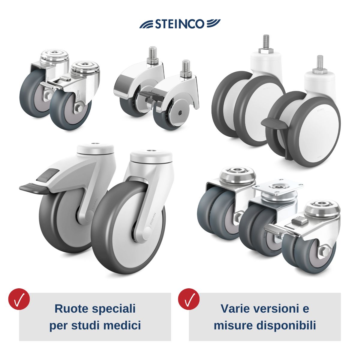 Ruote e supporti per ambulatori, ruote con supporto per ambulatori, ruote con supporto girevole, ruote con supporto in materiale sintetico, ruote con supporto in lamiera d'acciaio, ruote frenate per studi medici