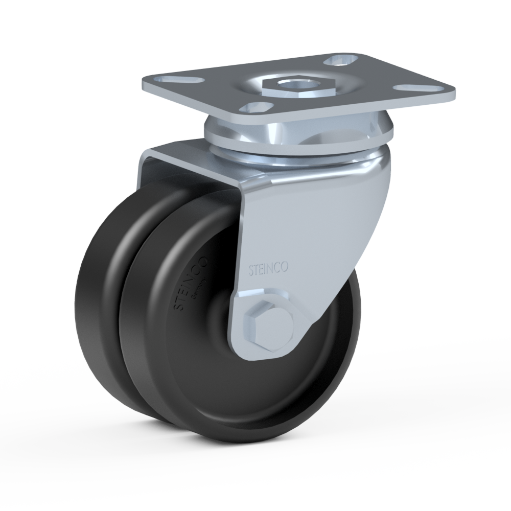 1.A1G0.E710, Double swivel castor, ∅ 75 mm, Plain bearing, Polyamide, Mounting plate