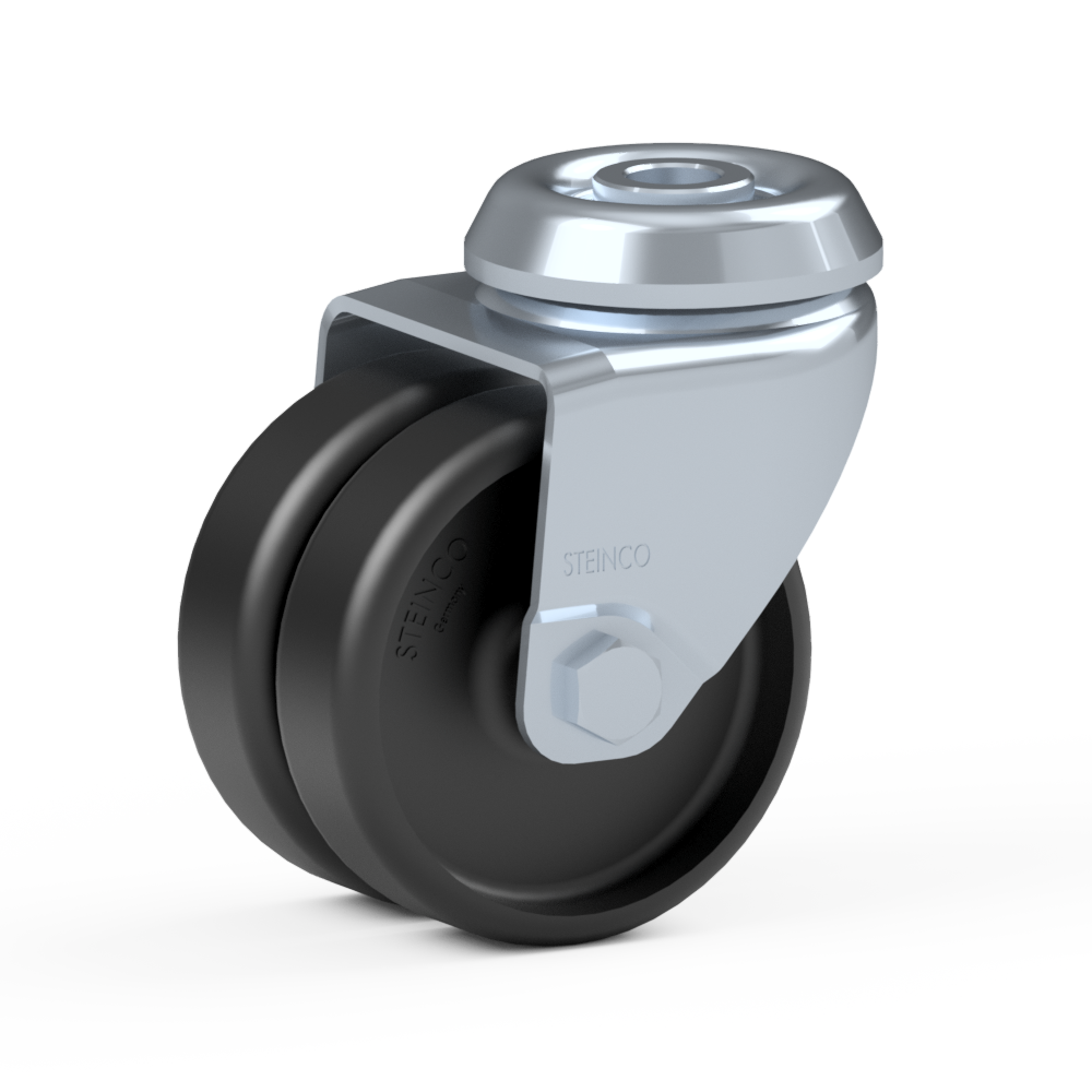1.A1N0.E710, Double swivel castor, ∅ 75 mm, Plain bearing, Polyamide, Bolt hole