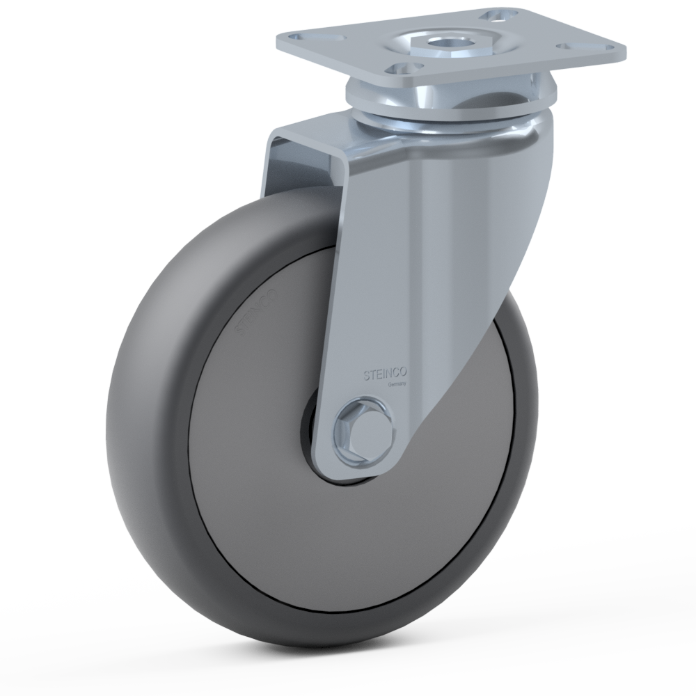 1.BDE0.PKD0, Single wheel swivel castor, ∅ 150 mm, Ball bearing, TPU, Mounting plate