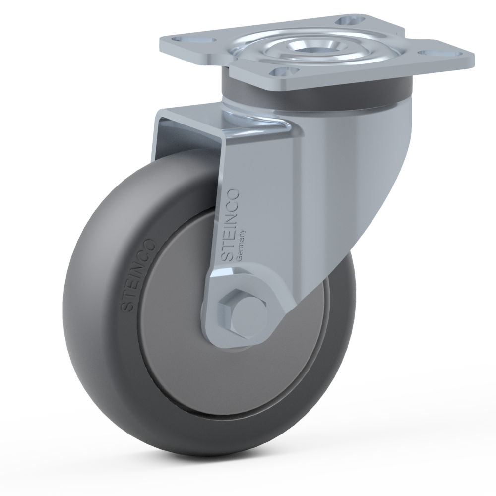 1.HEL0.E030, Single wheel swivel castor, ∅ 75 mm, Ball bearing, TPE, Mounting plate