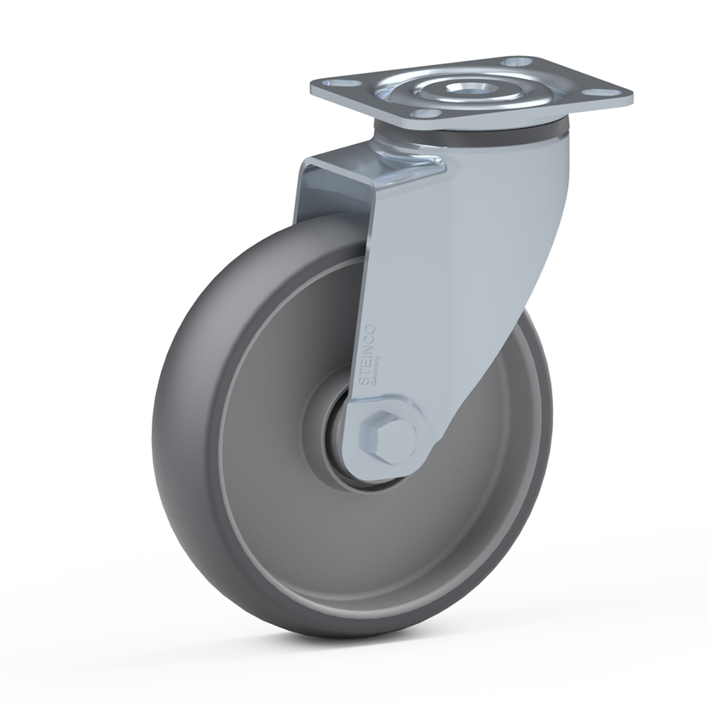 1.LGM0.JKX0, Single wheel swivel castor, ∅ 100 mm, Plain bearing, TPE, Mounting plate