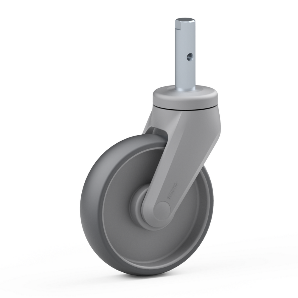 1.CE50.JKB0, Single wheel swivel castor, ∅ 100 mm, Plain bearing, TPE, Plain stem with transversal bore