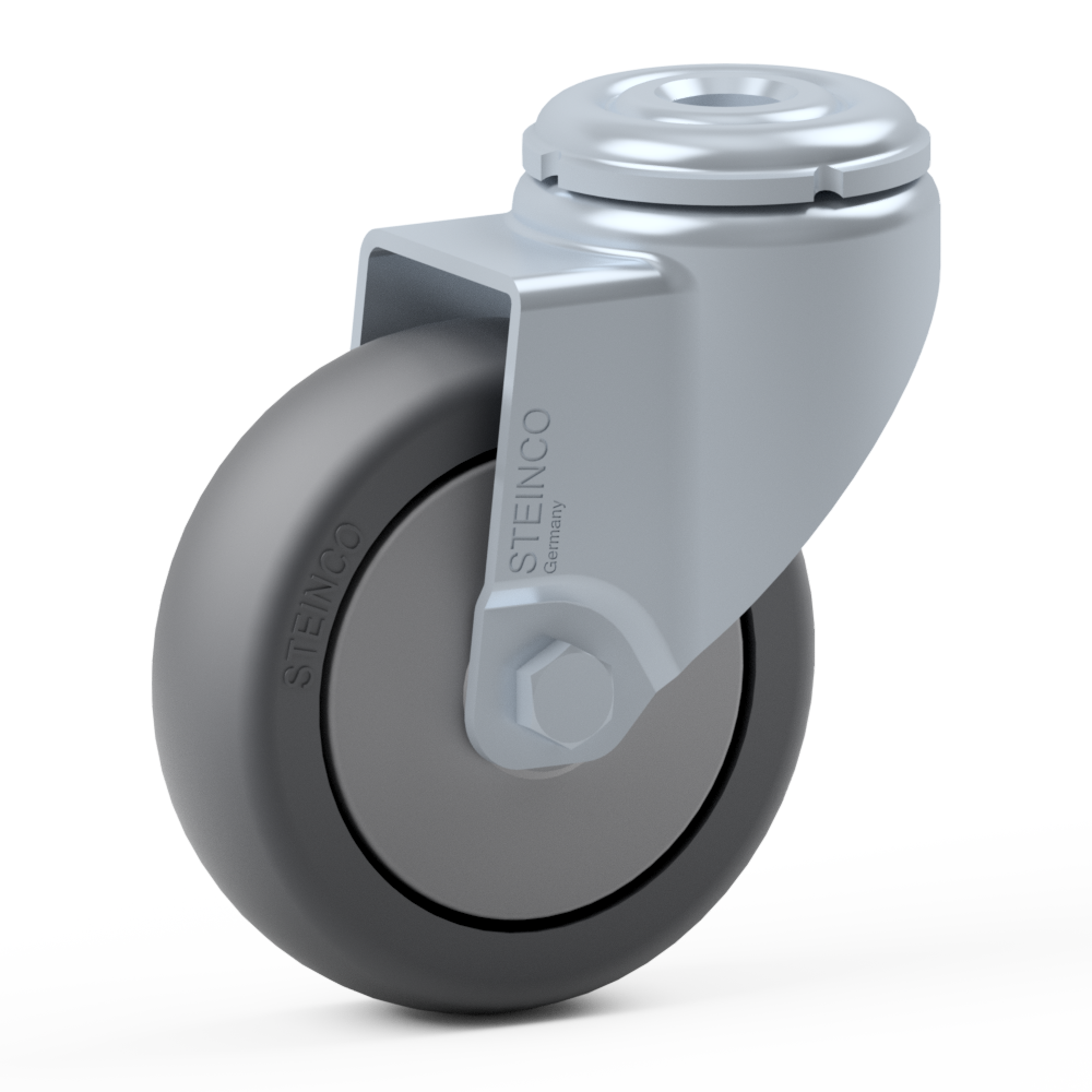 1.HEA0.E5A0, Single wheel swivel castor, ∅ 75 mm, Plain bearing, TPE, Bolt hole