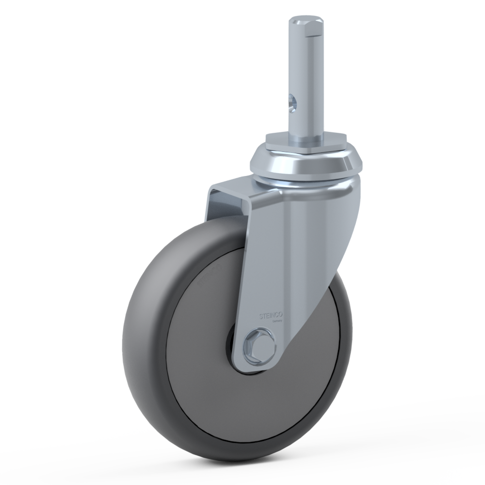 1.BDJ0.PKD0, Single wheel swivel castor, ∅ 150 mm, Ball bearing, TPU, Plain stem with transversal bore