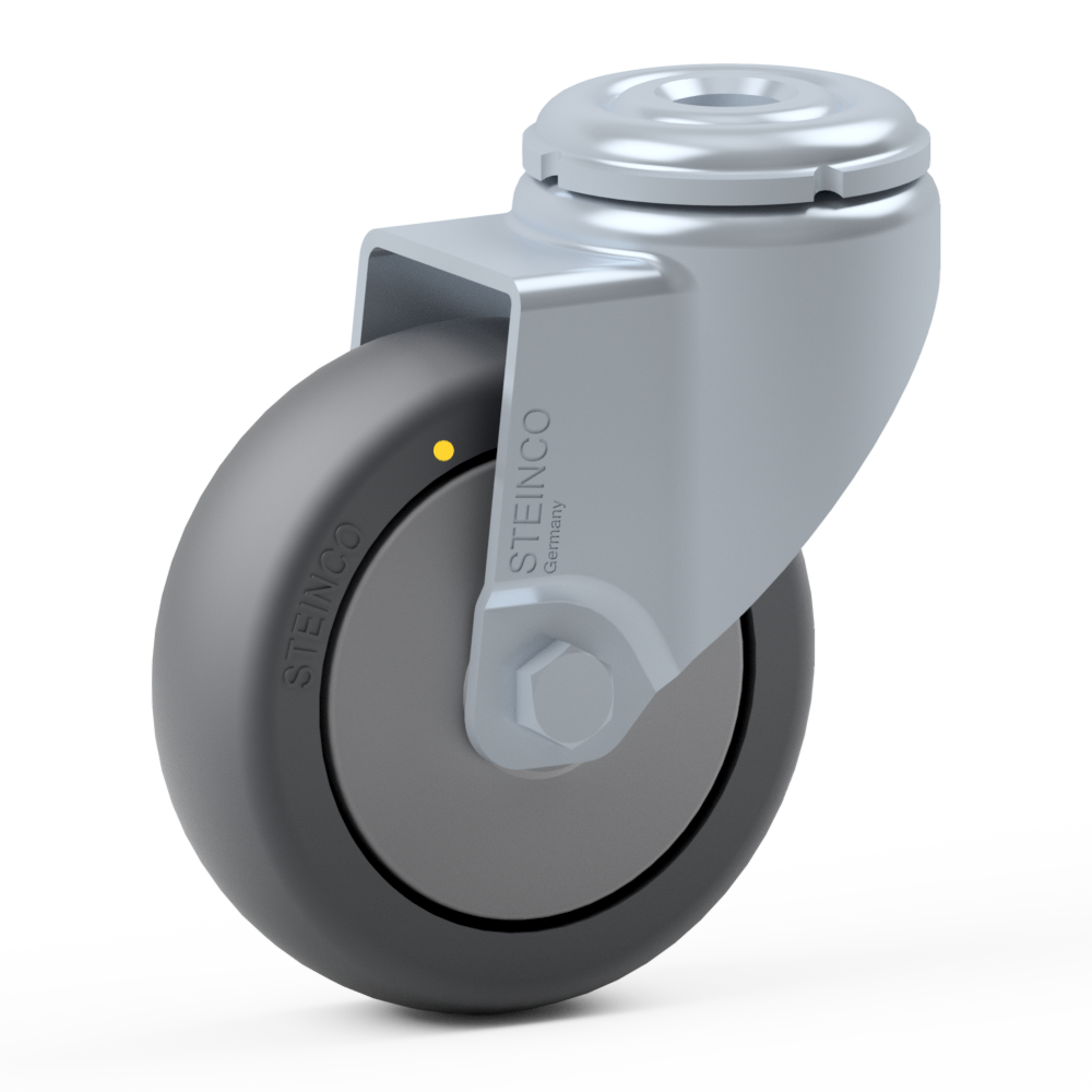 1.HEB0.E030, Single wheel swivel castor, ∅ 75 mm, Ball bearing, TPE, Bolt hole